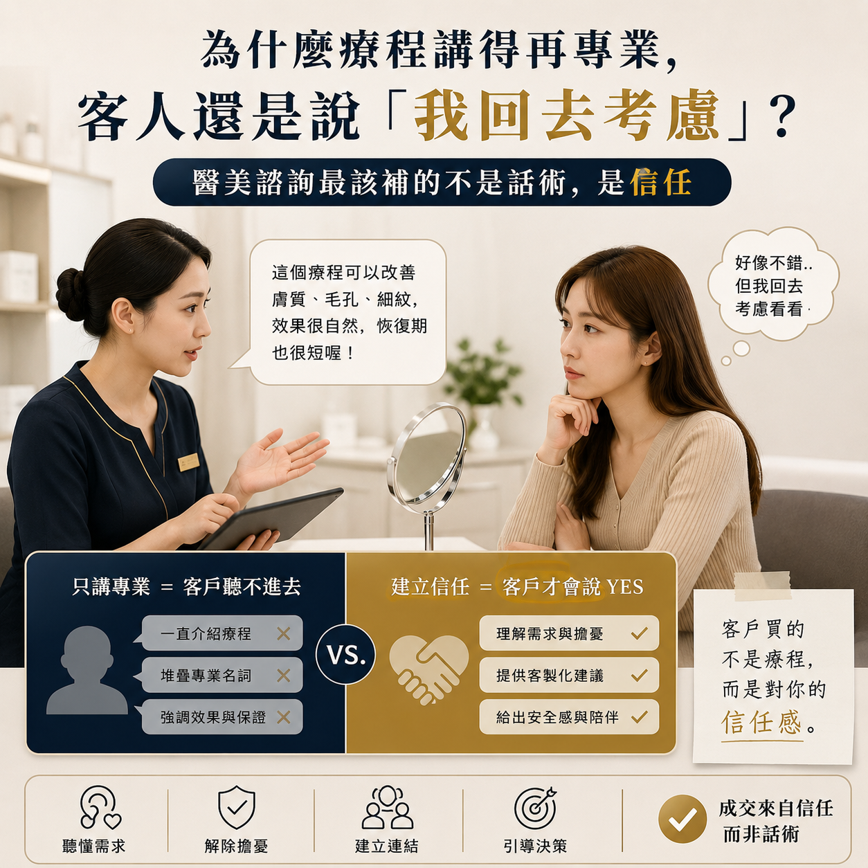 第一篇：為什麼療程講得再專業，客人還是說「我回去考慮」？醫美諮詢最該補的不是話術，是信任